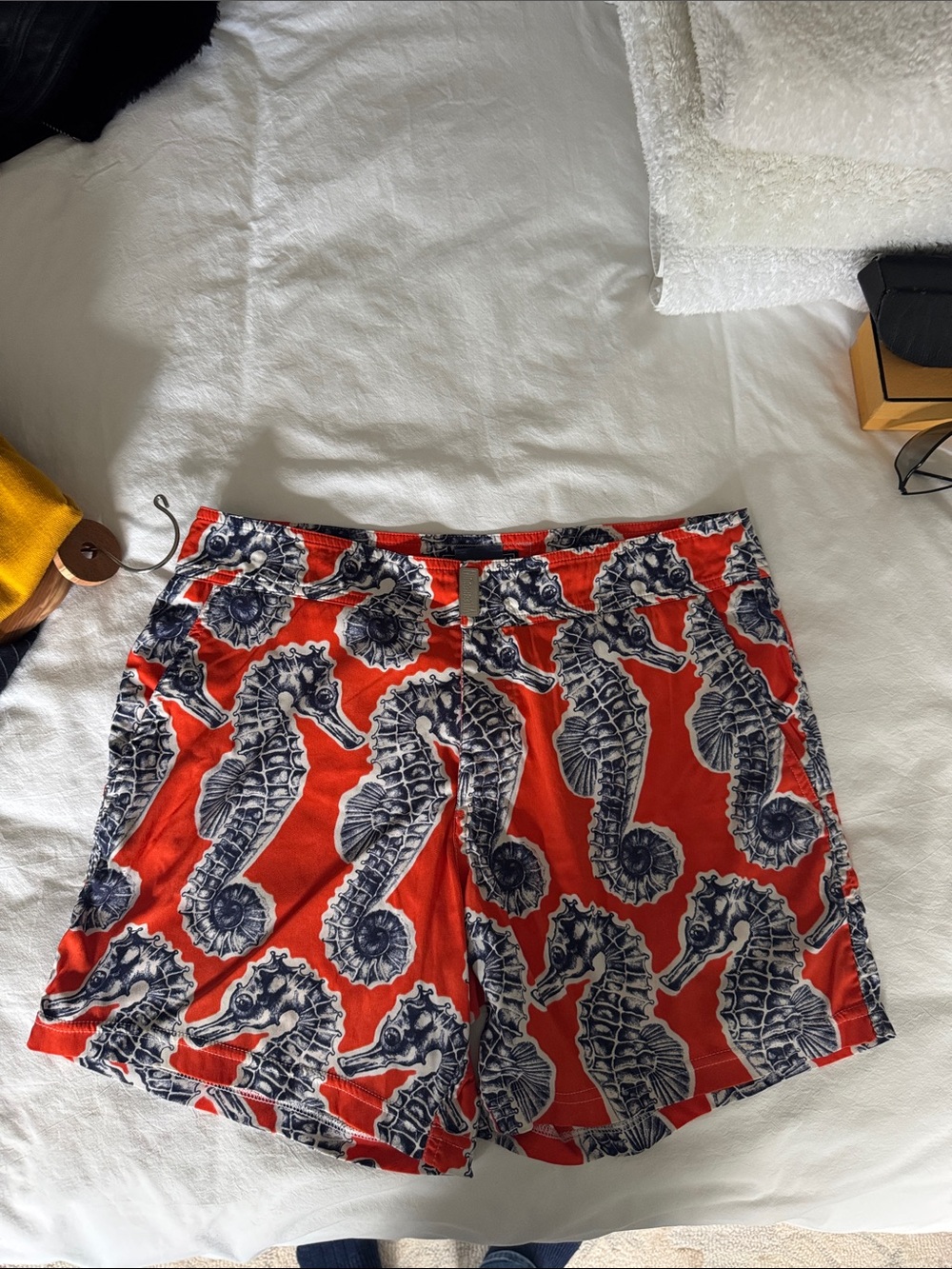 Mens Vilebrequin Swim Shorts. Orange with Navy Seahorse Print Swim/Board Shorts